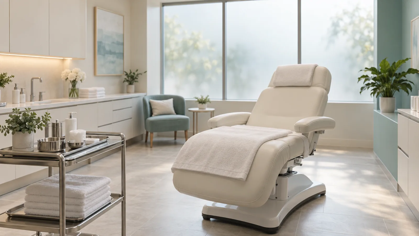 A calm, clean clinic treatment room with a reclining chair and neatly arranged supplies