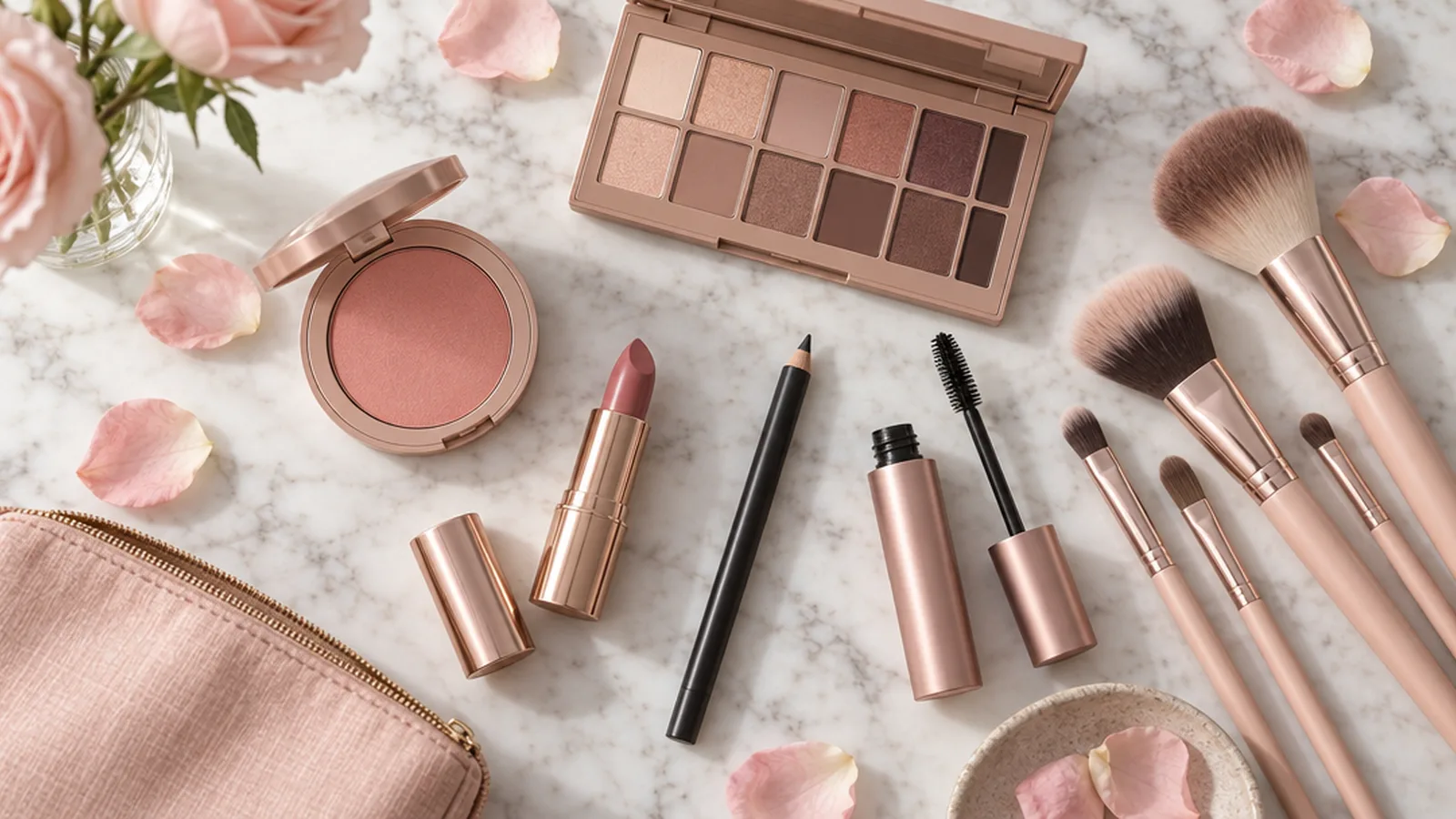 Flat-lay of beginner makeup products and brushes on a marble surface