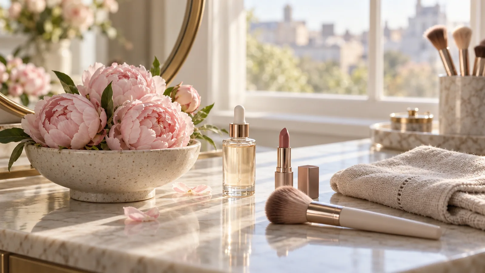 A sunlit vanity table with fresh flowers, a glass dropper bottle, a lipstick and a makeup brush